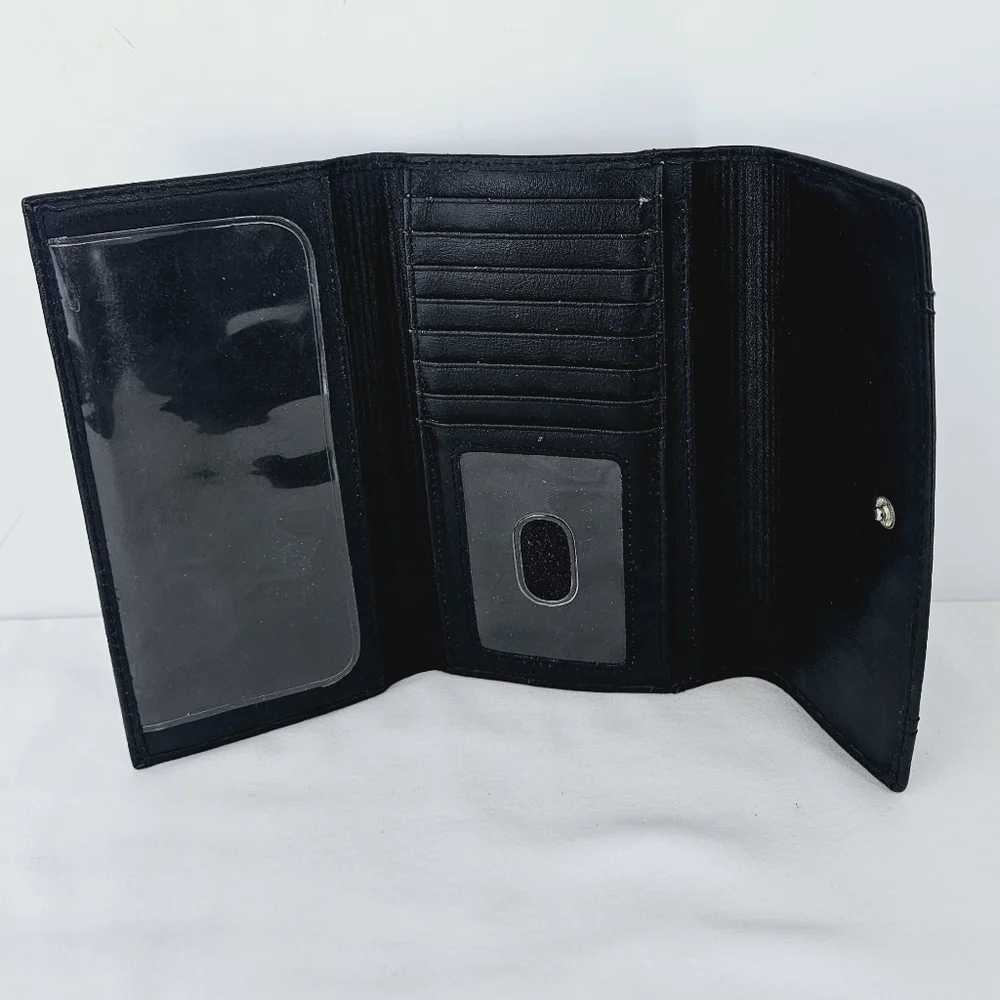 Fossil Black Leather Tri-Fold Organizer Wallet Checkbook Clutch